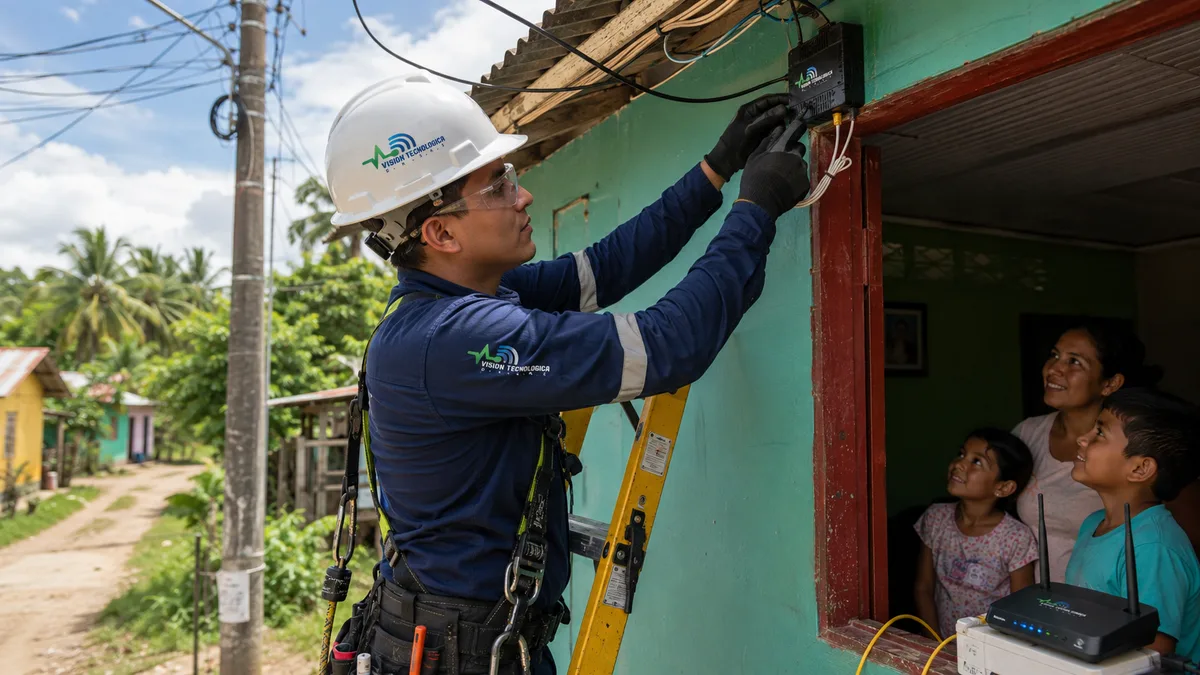 Técnico de Visión Tecnológica con casco y uniforme de la marca, instalando fibra óptica en una casa de La Primavera con la familia observando.